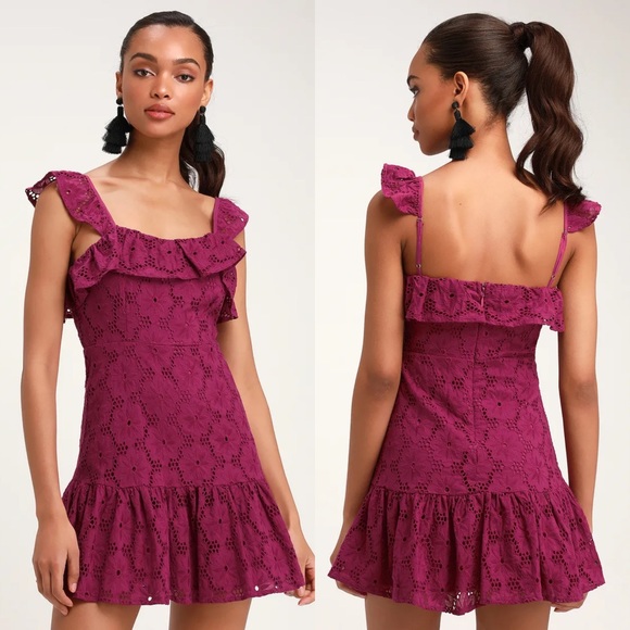 Lulus Dresses & Skirts - Lulu’s Magenta Ruffled Eyelet Lace Dress